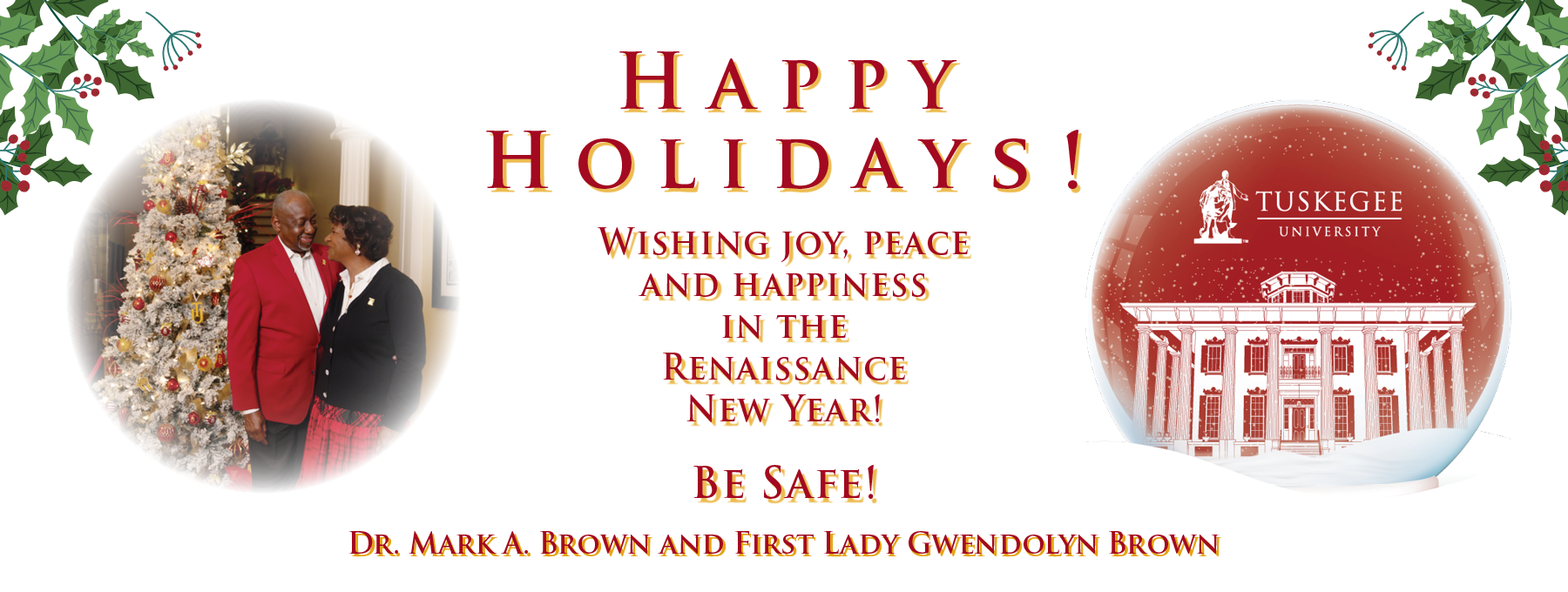 Christmas graphic showing President and Mrs. Brown next to a Christmas tree