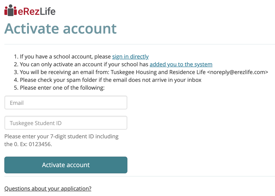 Screenshot of eResLife account activation