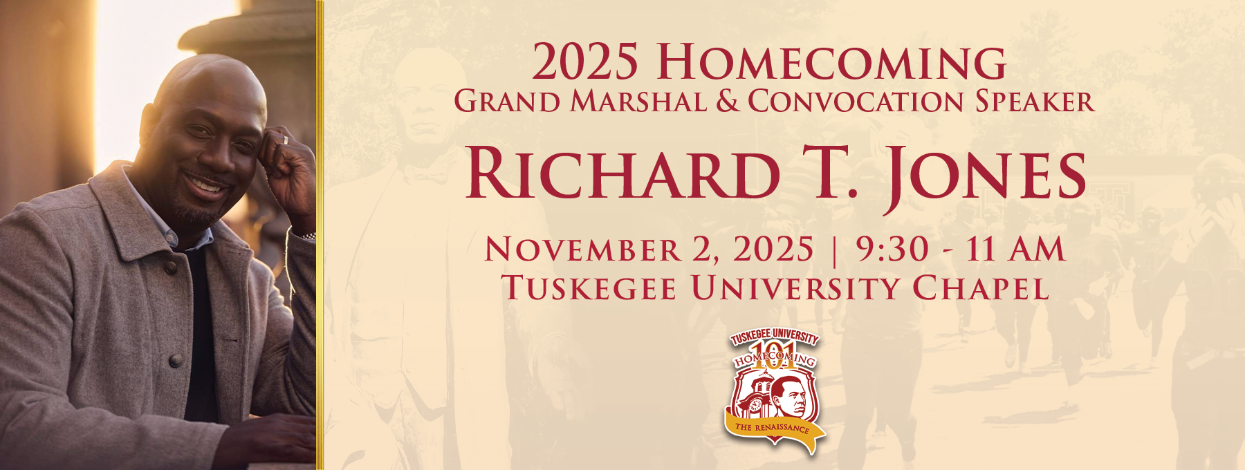 Graphic of Richard T. Jones Homecoming Parade Marshal and Convocation Speaker
