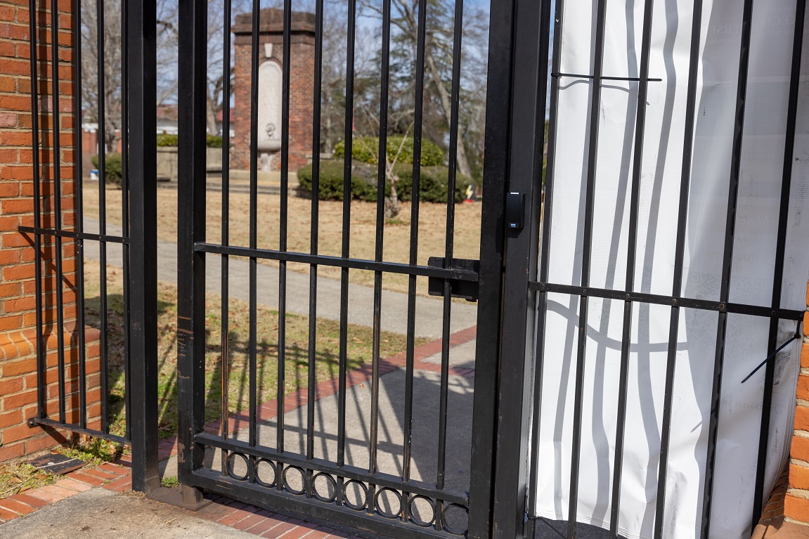 Pedestrian gate on campus with security upgrade1