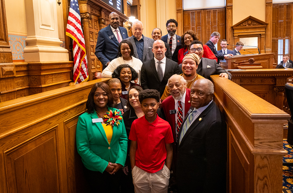 Sen. Donzella James, descendants of Booker T. Washington, Tuskegee leaders, alums and supporters at the Georgia state capitol