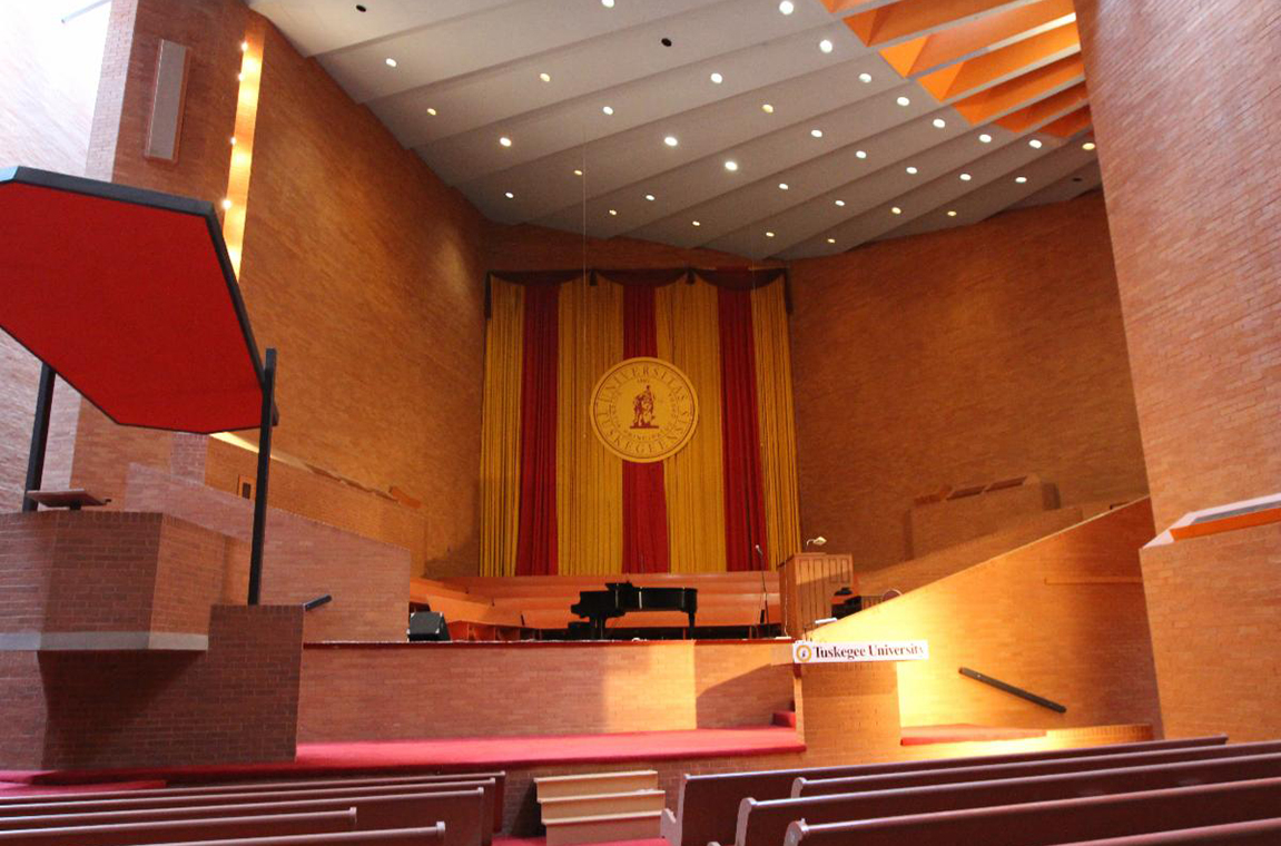 View of the inside of the Tuskegee University Chapel from the floor