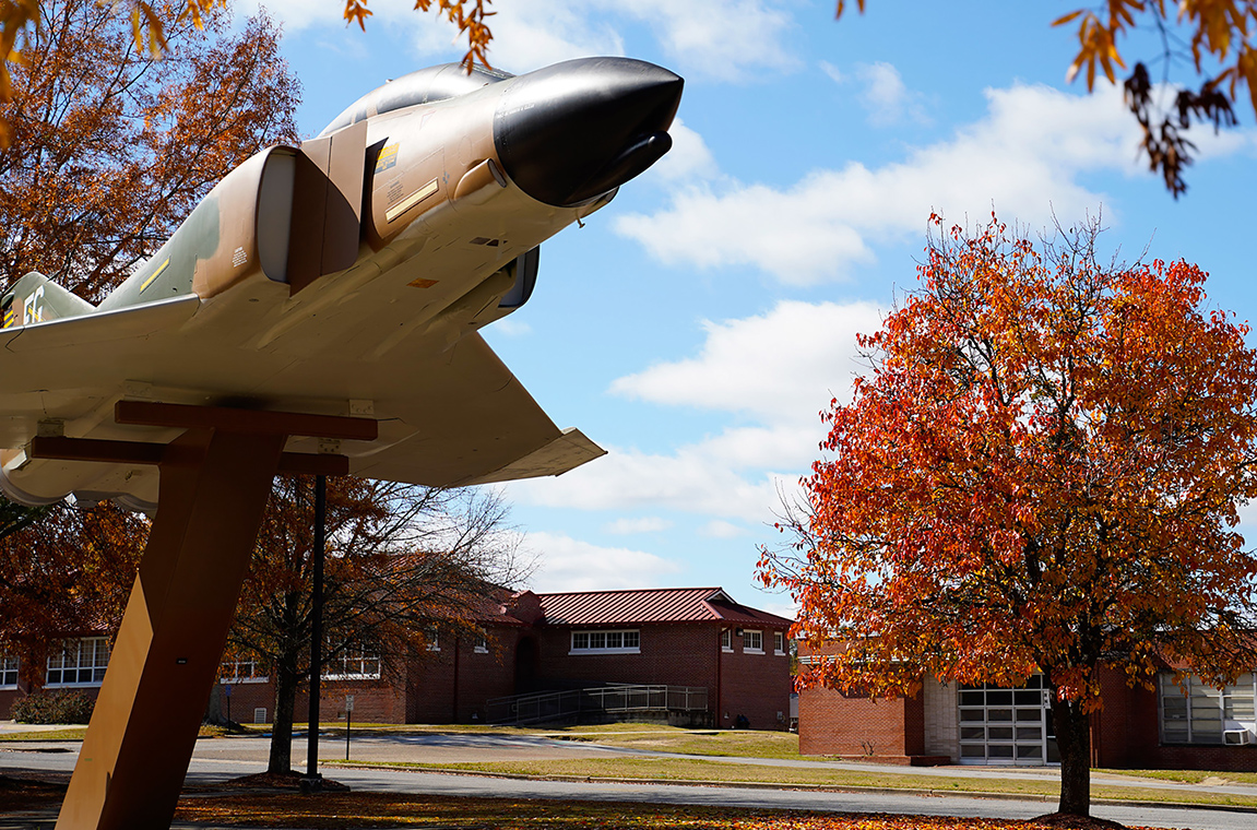 General Daniel "Chappie" James airplane on campus on a Fall afternoon