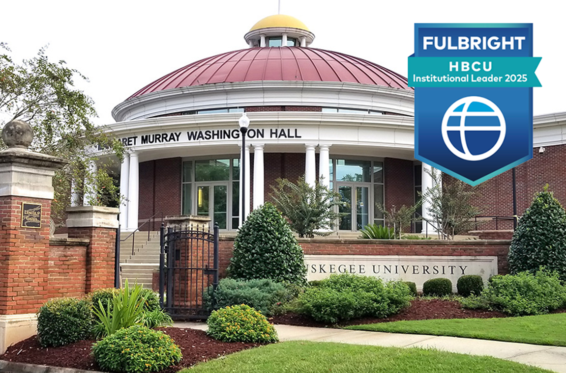 A University building with a Fulbright dymbol