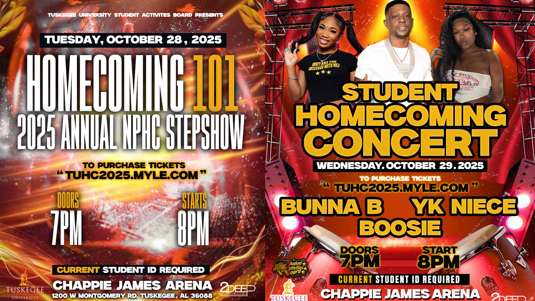 Two flyers announcing Homecoming Stepshow and Concert information