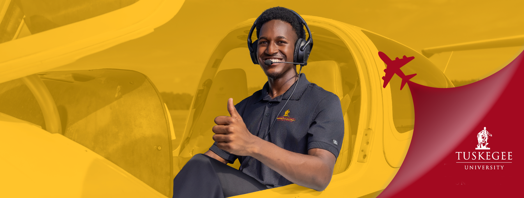 Image of male student in small airplane with golden overlay