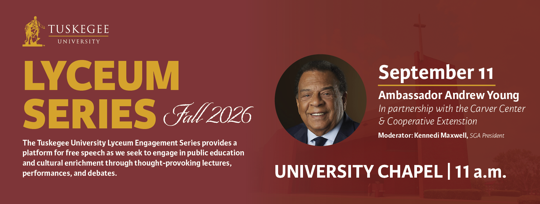 Graphic announcing the Lyceum Series speaker Ambassador Andrew Young on Sept. 11.