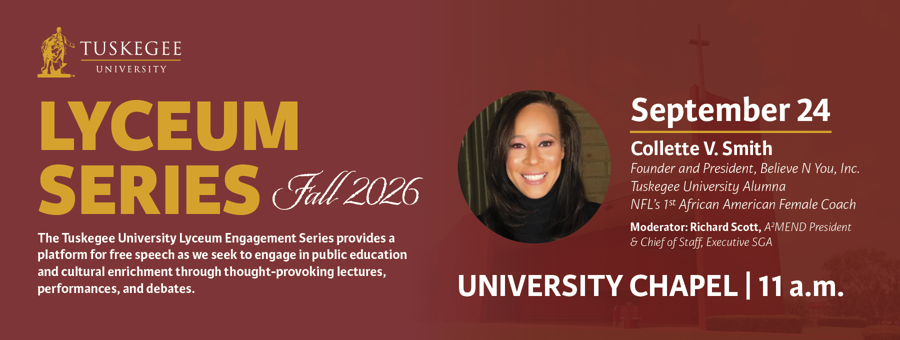 Graphic announcing Collette V. Smith as Lyceum Speaker
