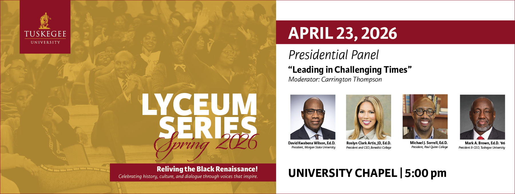 Graphic showing speakers for the April 23 Lyceum event