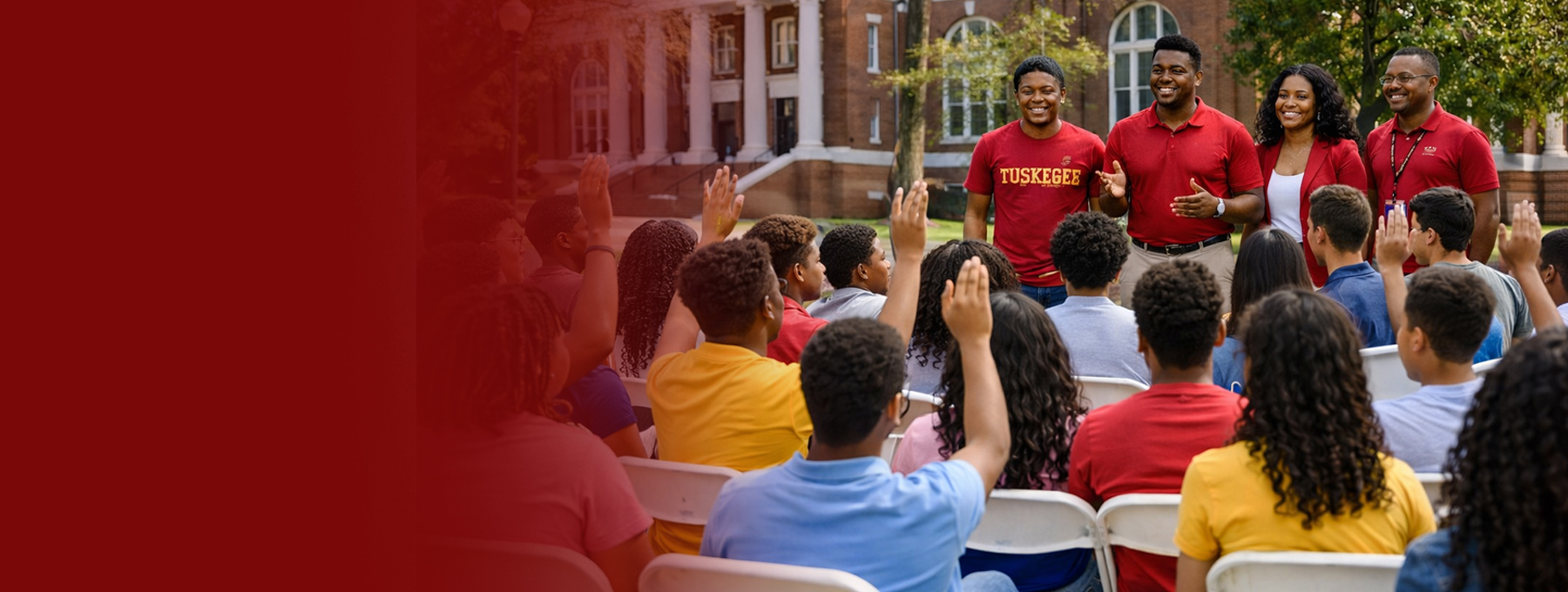 Admissions recruiters talking with high school students outside