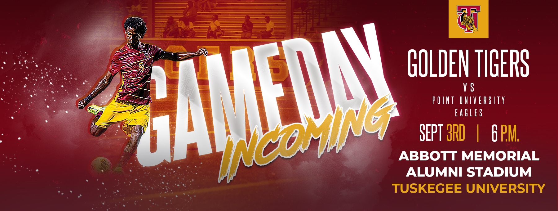 Graphic announcing the upcoming Men's Soccer first official home game