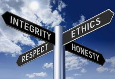 Ethics, integrity street sign