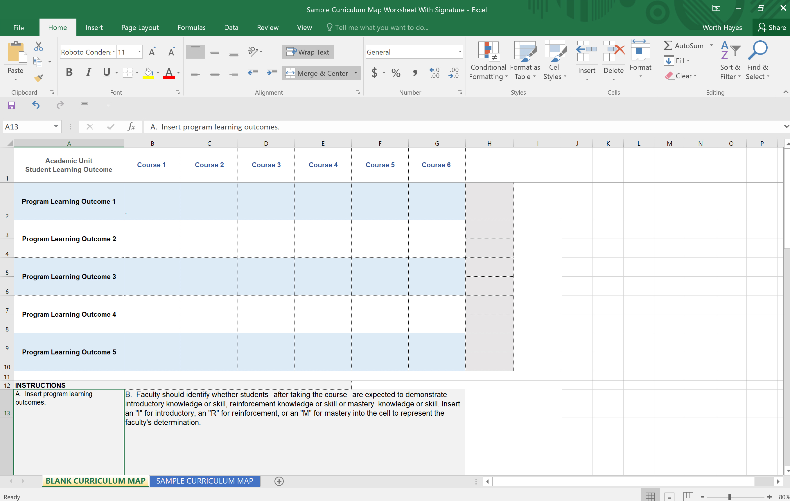 Screenshot of Curriculum map spreadsheet