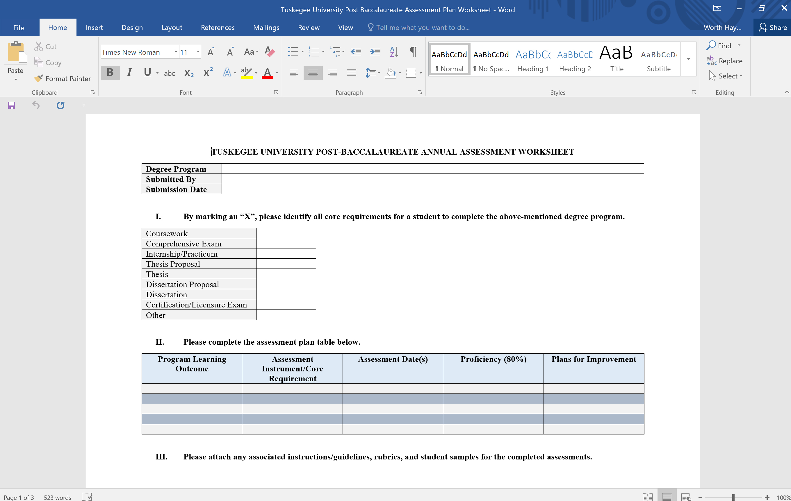 Picture of Post Baccalaureate Assessment Worksheet