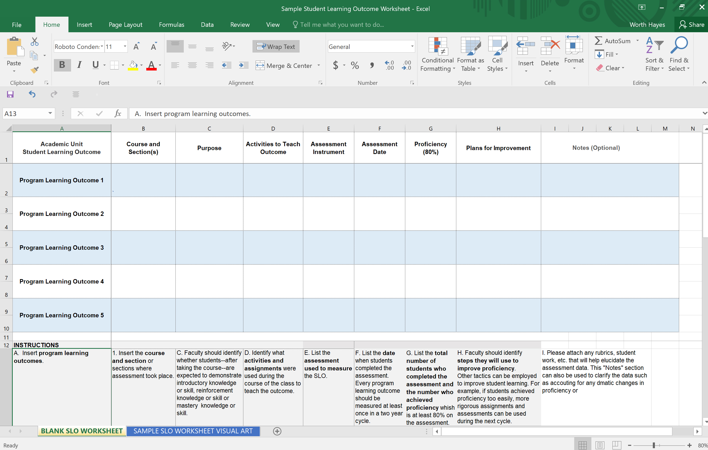 Screenshot of Student Learning Outcomes (SLO) spreadsheet