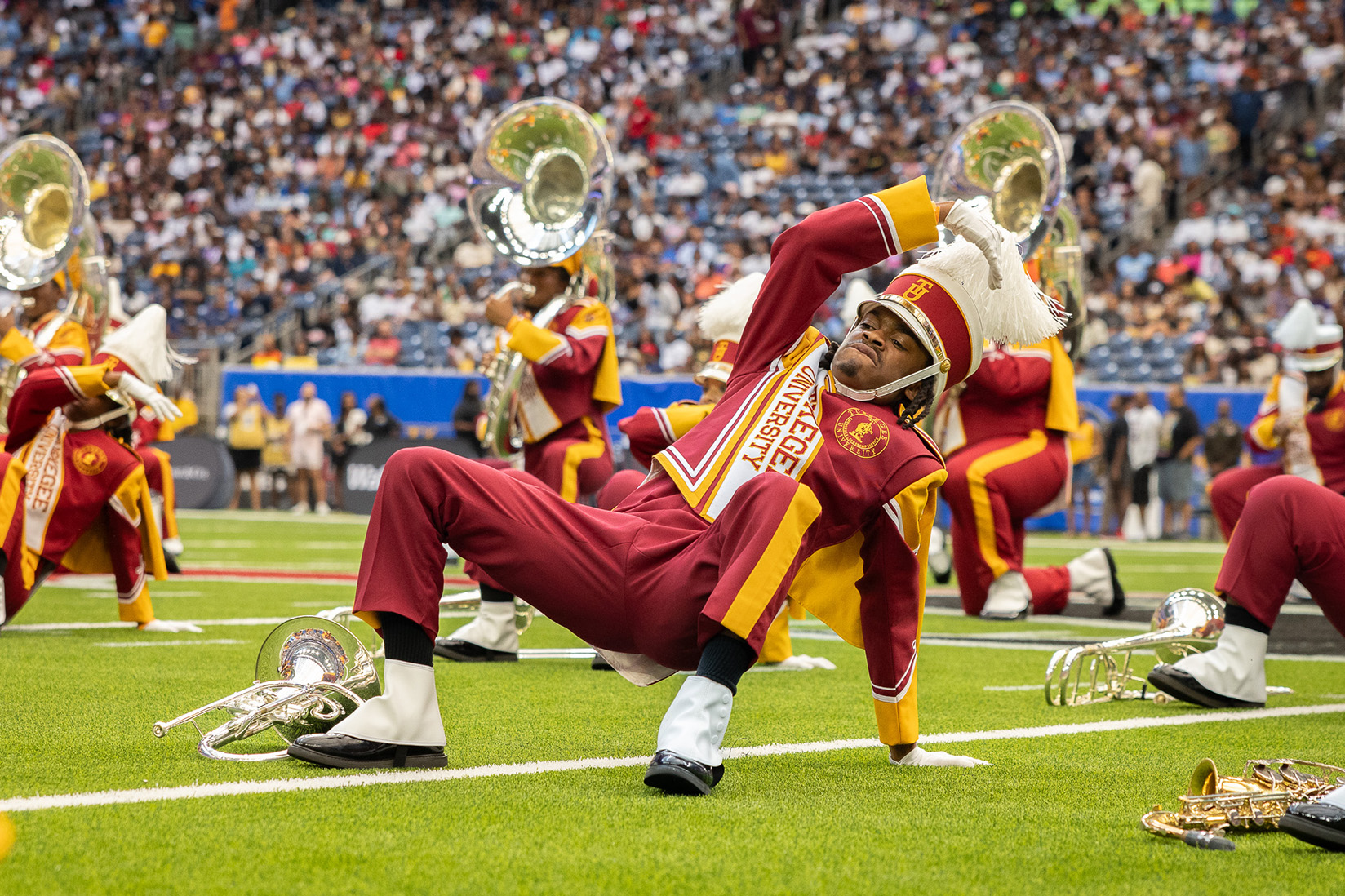 The horn section puts on the moves.