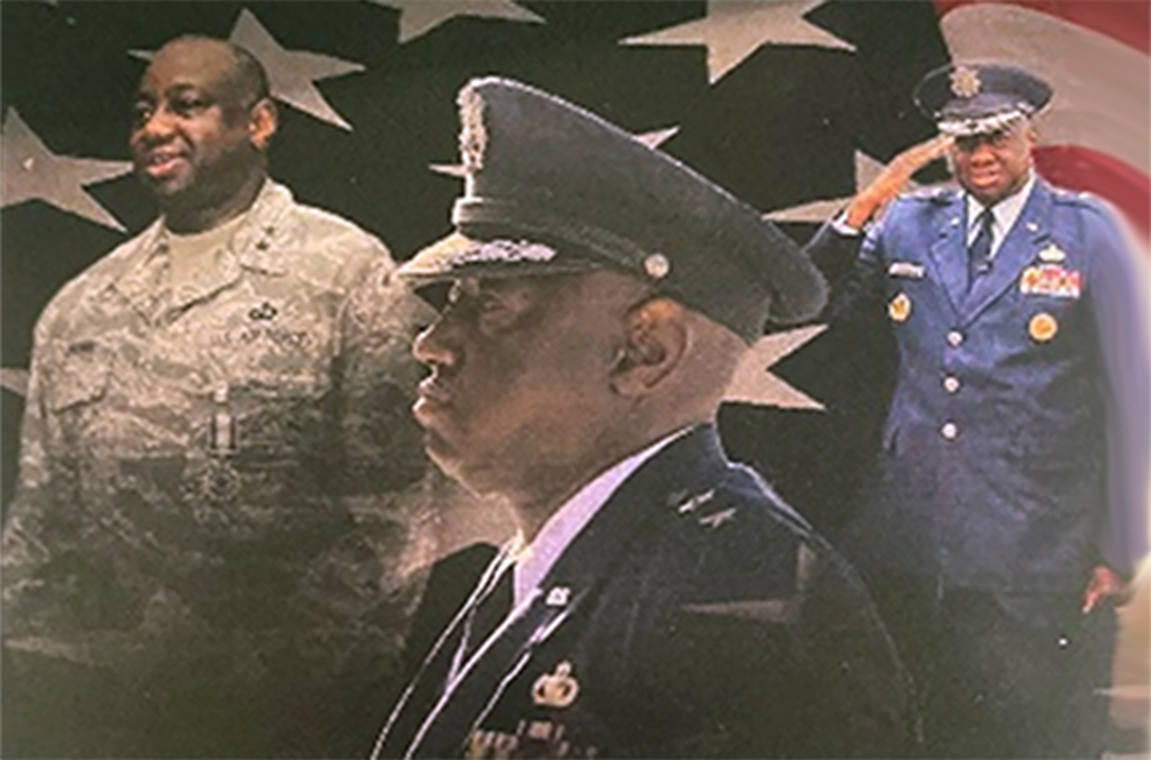 Graphic of Dr. Mark Brown in 3 military poses, one saluting the flag