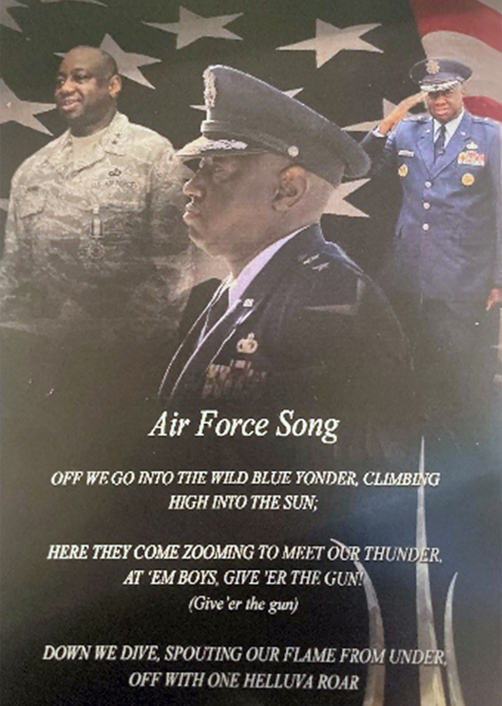 Graphic of Dr. Mark Brown in 3 military poses, one saluting the flag