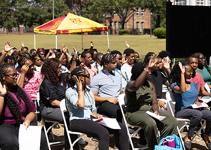 Students outside at an event