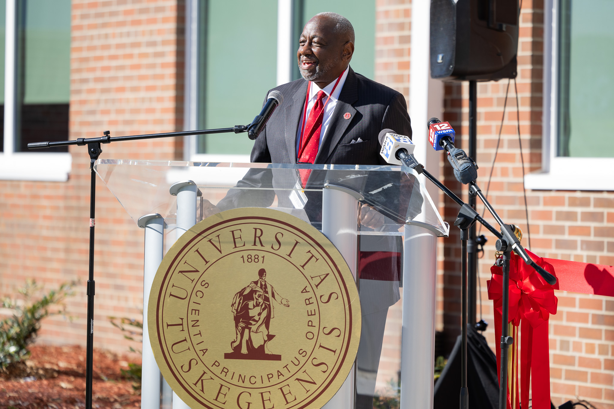 TU president Dr. Mark Brown speaking at the reopening of Olivia Davidson Hall