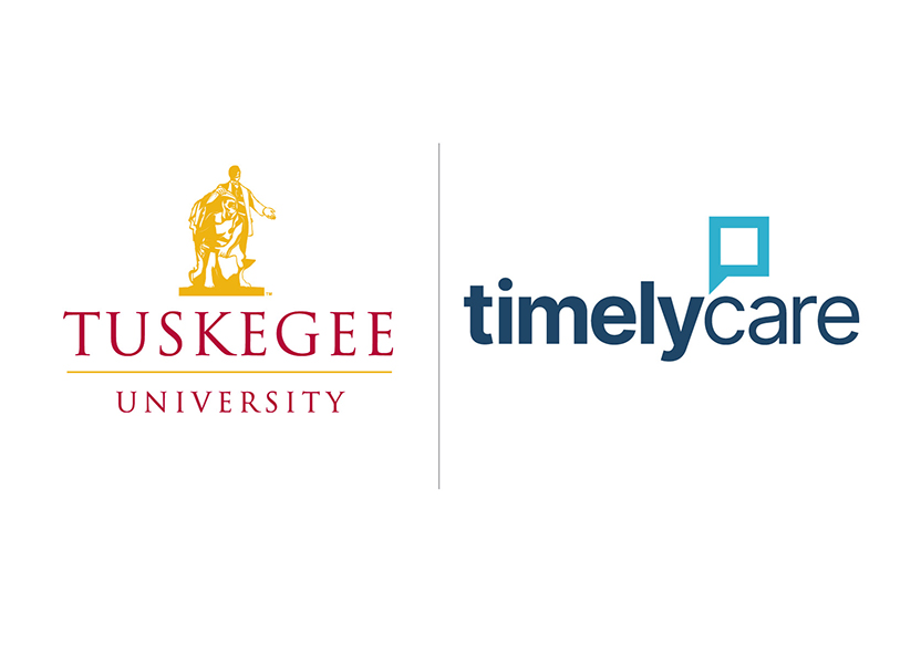 Tuskegee University logo and TimelyCare logo