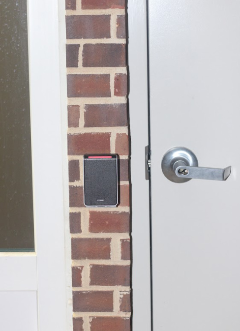 Campus building with security feature.