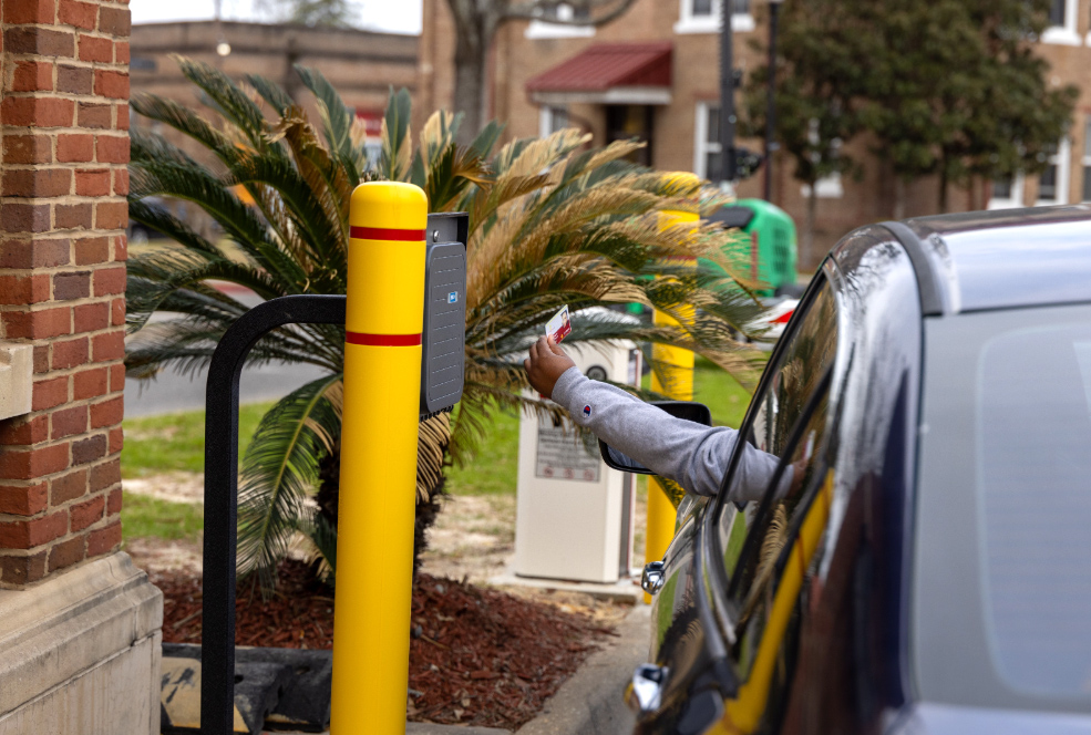 Campus entrance gate with security enhancement.