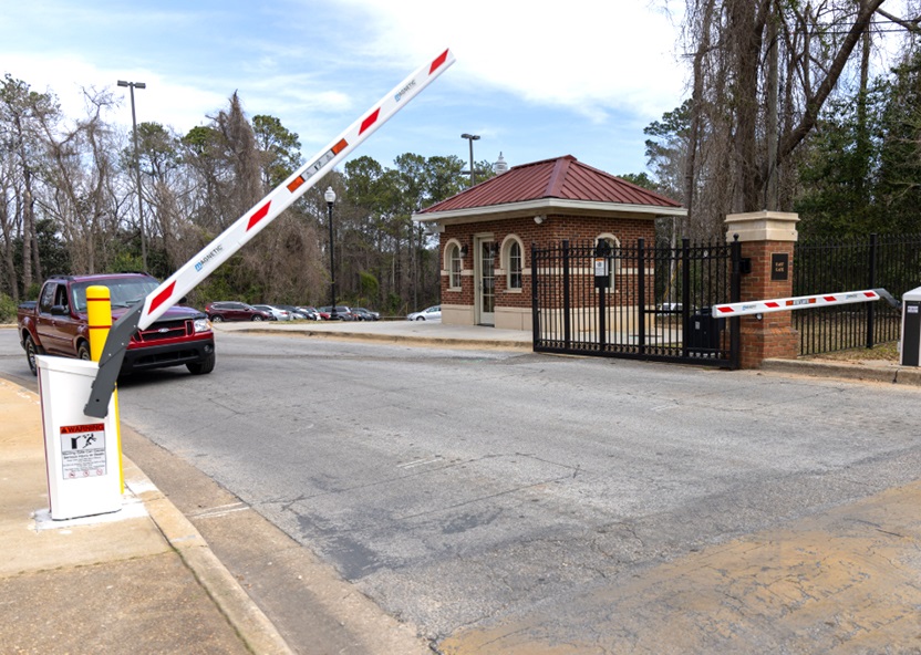 A campus entrance gate with security arms