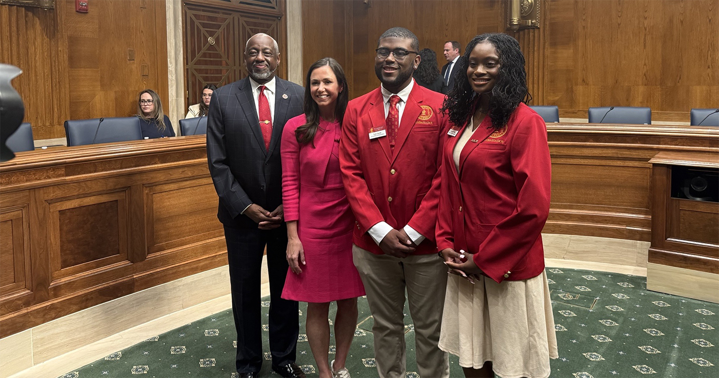 Dr. Mark A. Brown at Senate hearing with Senator Katie Britt, and TU Student Ambassadors Tyler Smith and Aryial O'Neal.