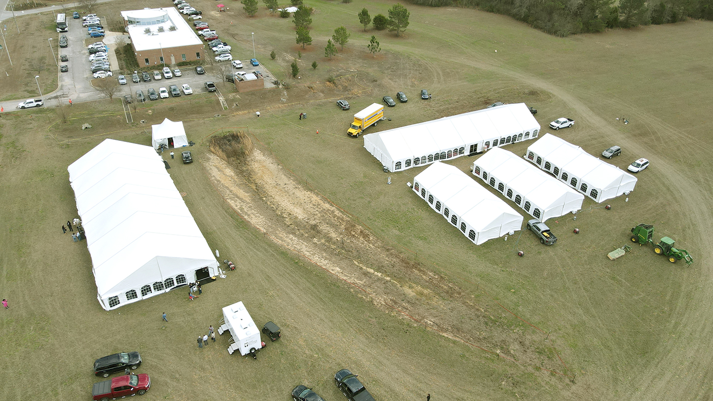 Aerial shot showing the conference tent city layout