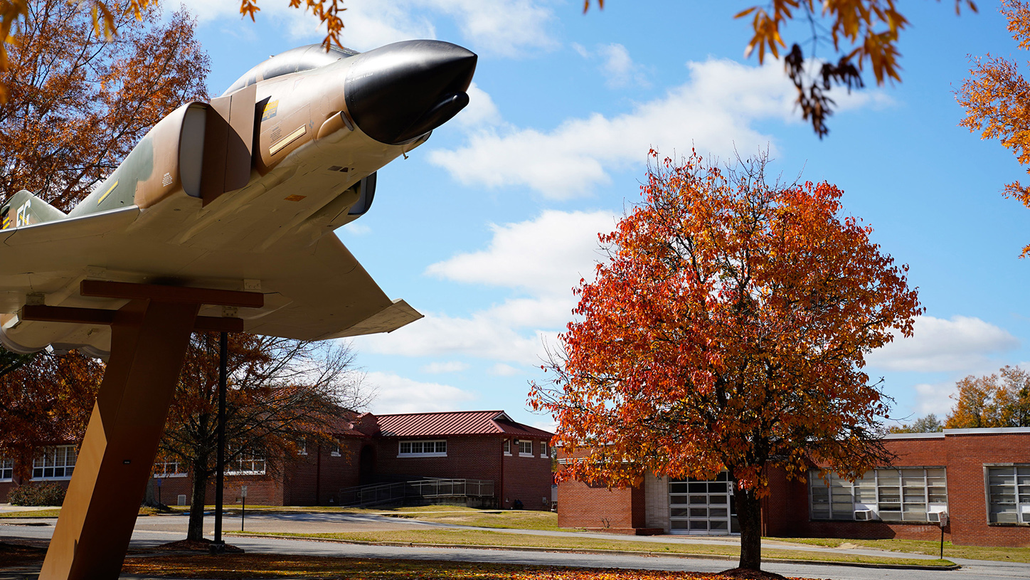 General Daniel "Chappie" James airplane on campus on a Fall afternoon
