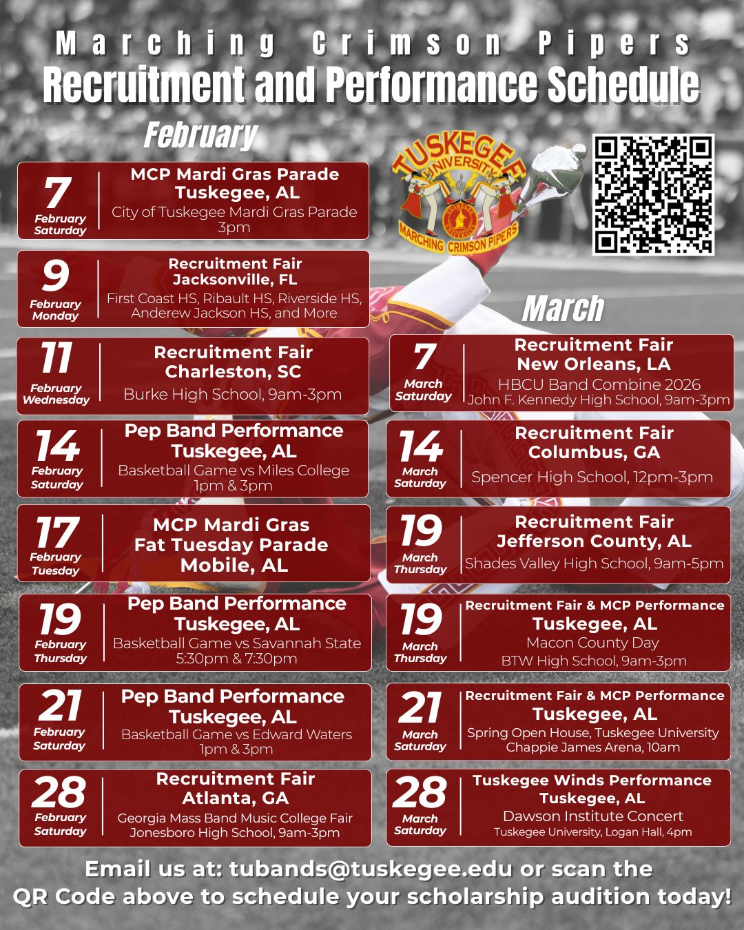 MCP Band performance dates for Feb and March 2026